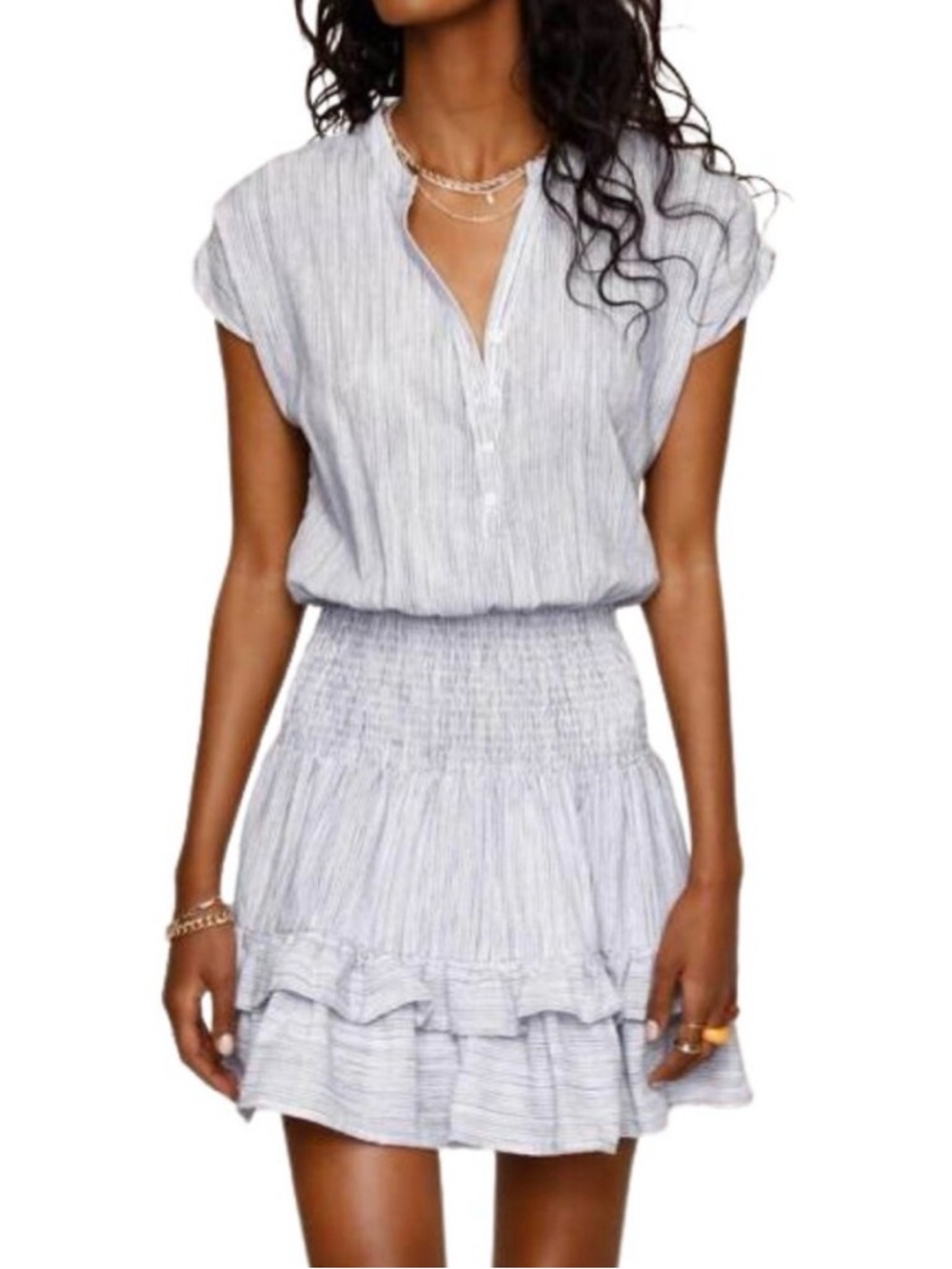 Heartloom Nicolette Blue White Stripe Smocked Ruffle Mini Dress L
